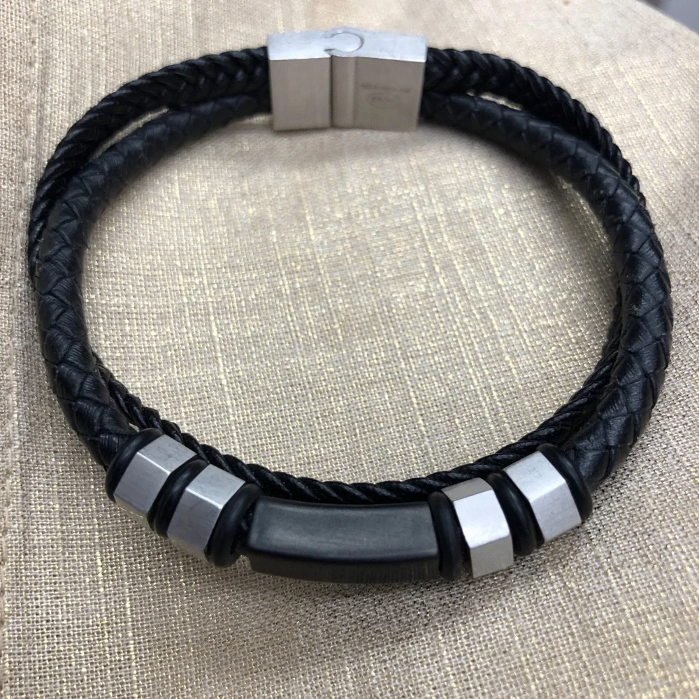 Mens Double-Row Braided Leather Bracelet Bangle Wristband Trendy